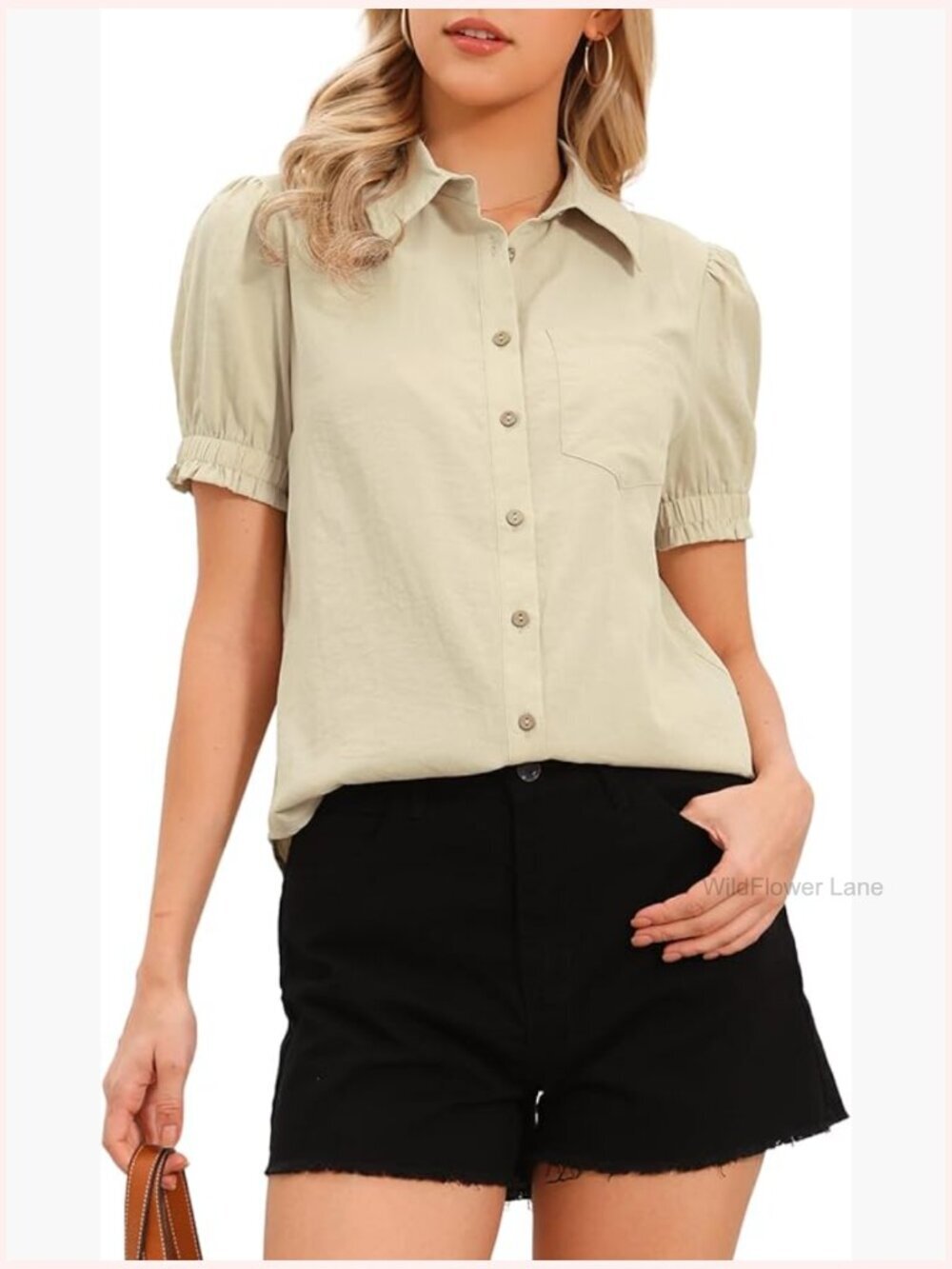 Short Sleeve Button Down Blouse Puff Sleeve V Neck Dressy Casual Top